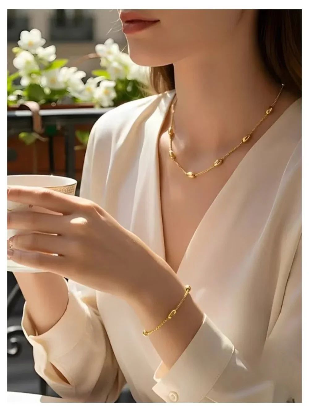 NWT 304L Stainless Steel Rice Bead Necklace & Bracelet Set Minimal Gold Tone
